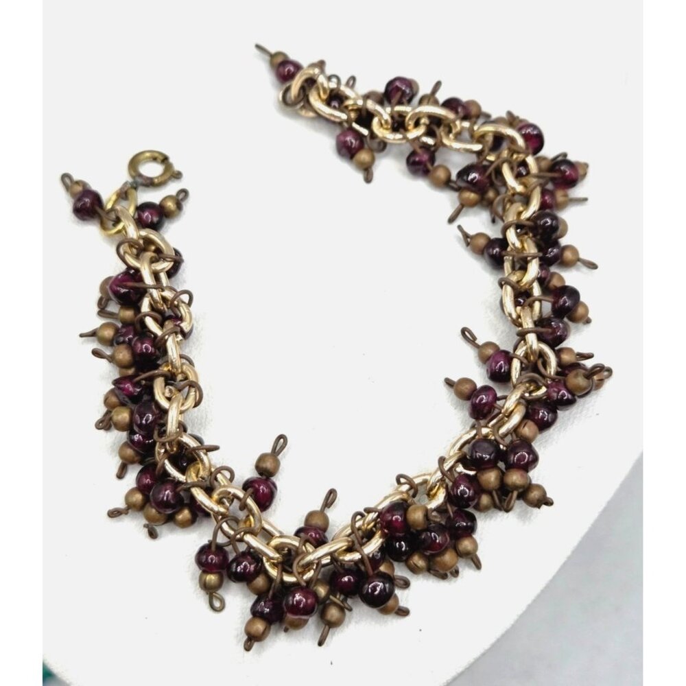 Vintage Gold-Tone Chain Bracelet With Dangling Red & Bronze Beads